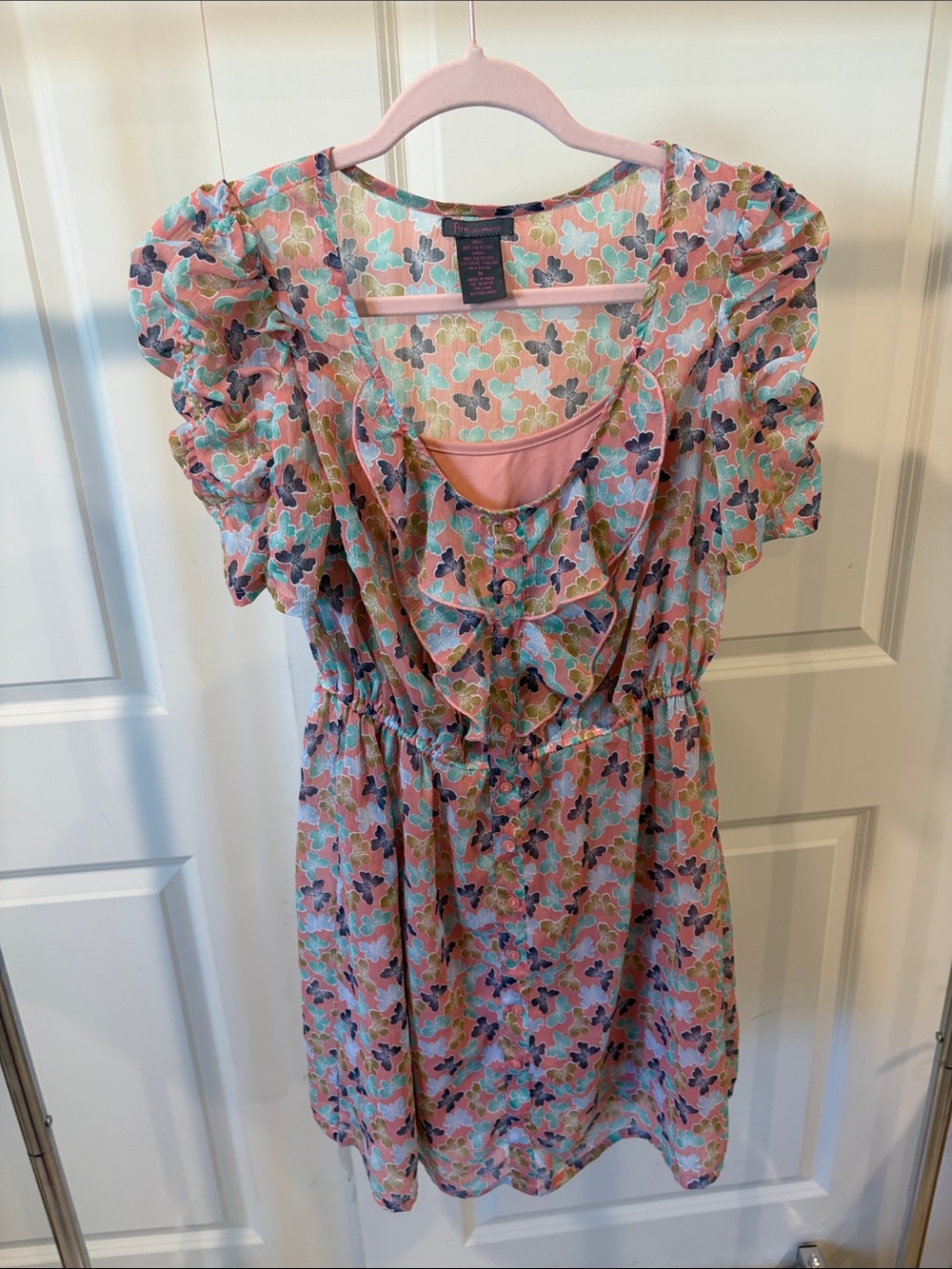 Fire Los Angeles Pink Multicolor Floral Ruffle Midi Dress
